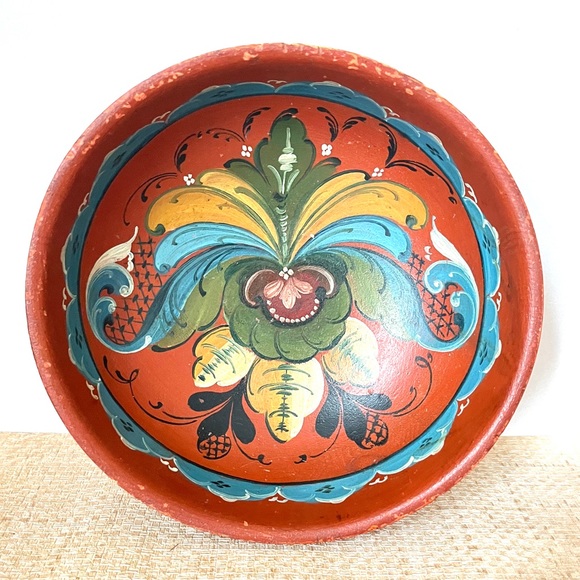 Norwegian Beer Bowl Antique Wood Vintage Norway Folk Art Hand Painted Rosemaling - Picture 1 of 8